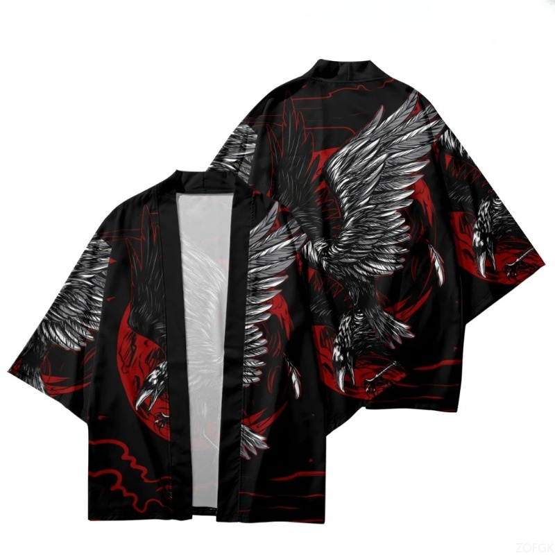 Street Fashion In Japanese - Fashion Crow Printed Open Front Kimono