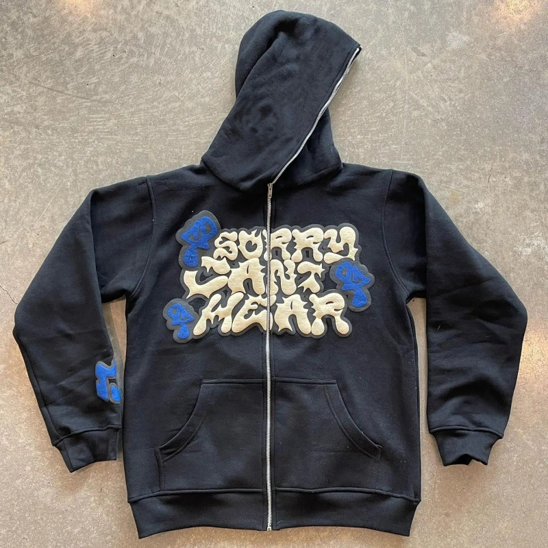 Street Fashion Zip Up Hoodie - American Retro Star and Letter Printed