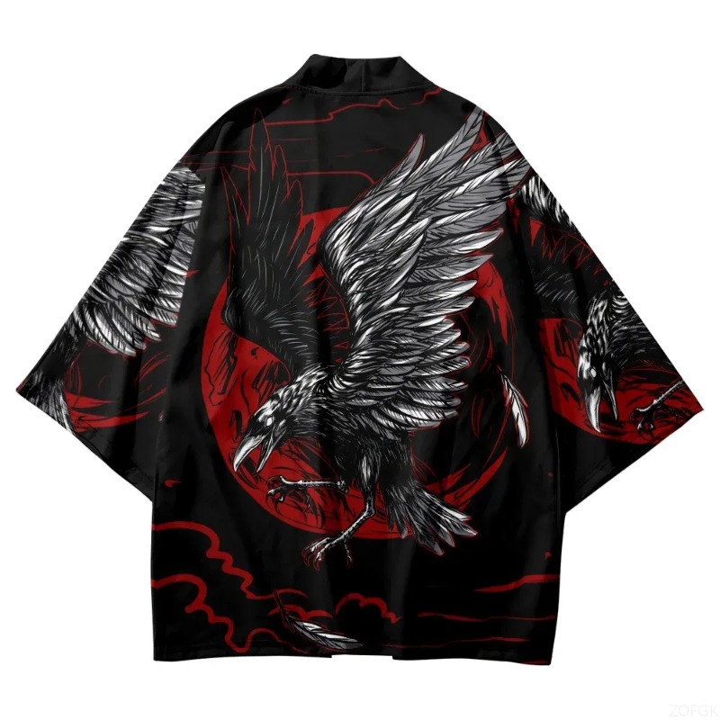 Fashion Crow Printed Open Fron - Street Fashion In Japanese 评论和价格