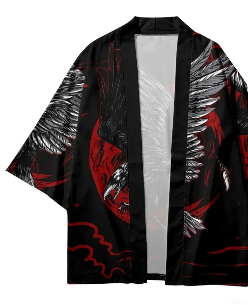 Fashion Crow Printed Open Fron - Street Fashion In Japanese 评论和价格