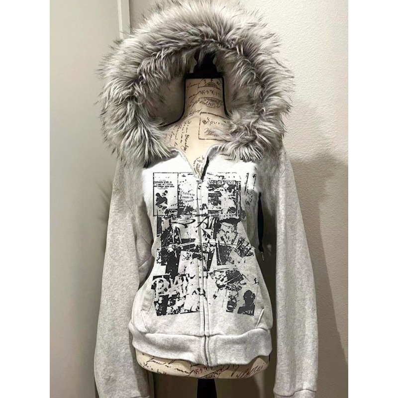 Grey Faux Fur Wool Double Zipp - Street Fashion Zip Up Hoodie 评论和价格
